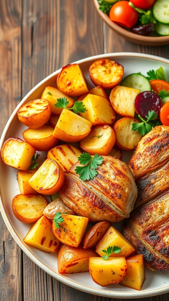 Crispy Air Fryer House Potatoes Recipe Crispy air fryer house potatoes garnished with parsley, served with grilled chicken and salad on a rustic table.